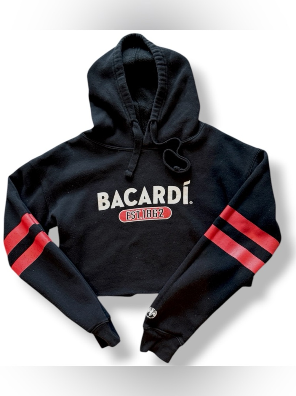 Bacardi Cropped Hoodie Medium Black Red Stripe Sleeve Graphic Pullover